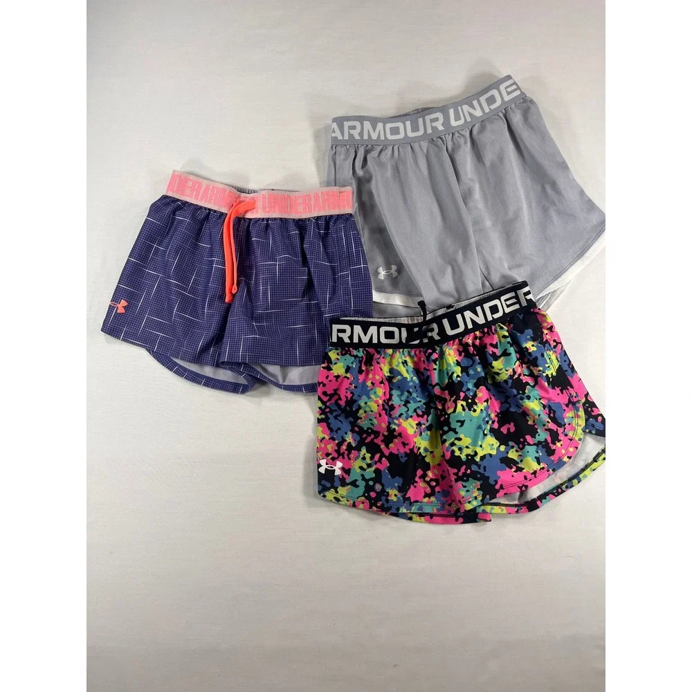 Under Armour Girls HeatGear Athletic Shorts Bundle 3pk Youth Medium Grey Purple
